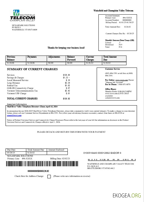 Modèle de facture de services publics pour les entreprises USA Waitsfield Telecom aux formats Word et PDF